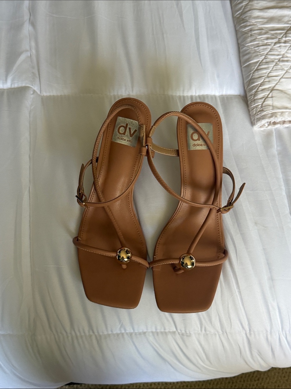 Dolce Vita Cognac Strappy Leather Sandals with Gold Stud